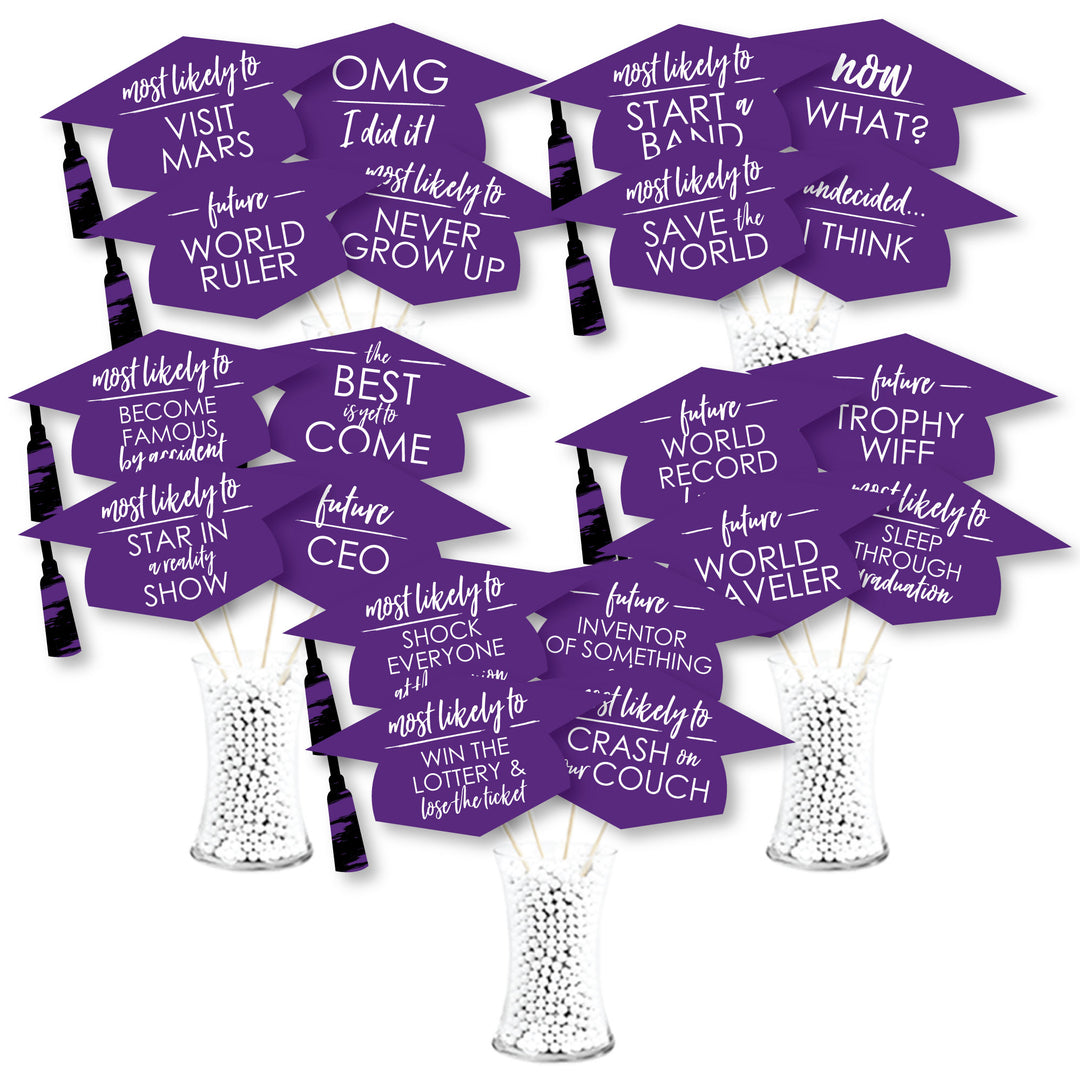 A collection of purple graduation party photo props with various humorous and inspirational messages designed to be printed on hats.