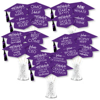 A collection of purple graduation party photo props with various humorous and inspirational messages designed to be printed on hats.