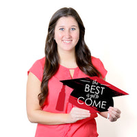 Red Grad - Best is Yet to Come - Grad Cap Lawn Decorations - Outdoor Red Graduation Party Yard Decorations - 10 Piece