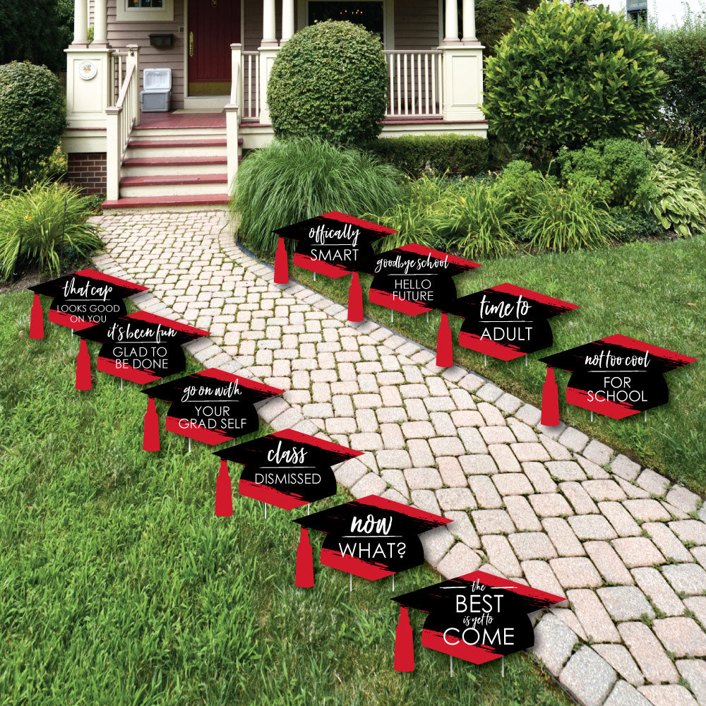 Red Grad - Best is Yet to Come - Grad Cap Lawn Decorations - Outdoor Red Graduation Party Yard Decorations - 10 Piece