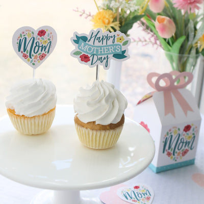 Colorful Floral Happy Mother's Day - Dessert Cupcake Toppers - We Love Mom Party Clear Treat Picks - Set of 24