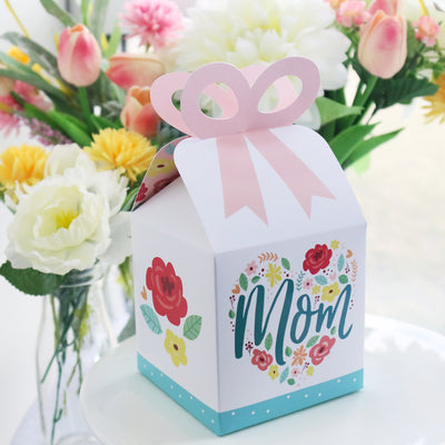 Colorful Floral Happy Mother's Day - Square Favor Gift Boxes - We Love Mom Party Bow Boxes - Set of 12