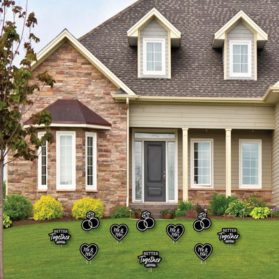 Mr. and Mrs. - Heart and Rings Lawn Decorations - Outdoor Black and White Wedding or Bridal Shower Yard Decorations - 10 Piece