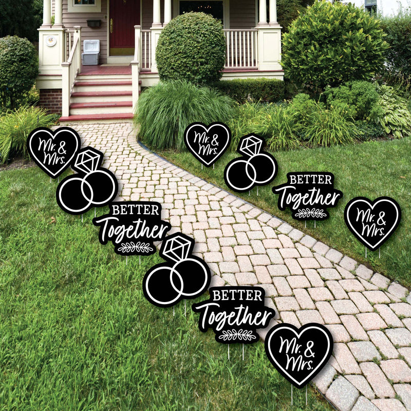 Mr. and Mrs. - Heart and Rings Lawn Decorations - Outdoor Black and White Wedding or Bridal Shower Yard Decorations - 10 Piece