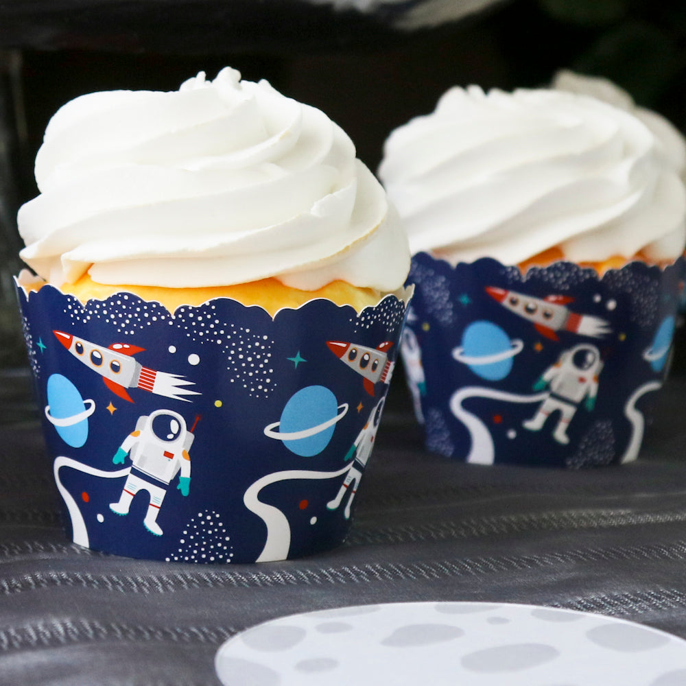 Blast Off to Outer Space - Rocket Ship Baby Shower or Birthday Party Decorations - Party Cupcake Wrappers - Set of 12