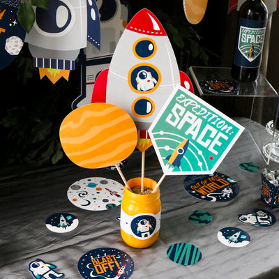 Blast Off to Outer Space - Rocket Ship Baby Shower or Birthday Party Centerpiece Sticks - Table Toppers - Set of 15