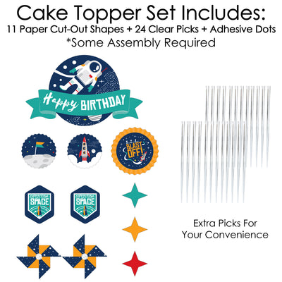 Blast Off to Outer Space - Rocket Ship Birthday Party Cake Decorating Kit - Happy Birthday Cake Topper Set - 11 Pieces