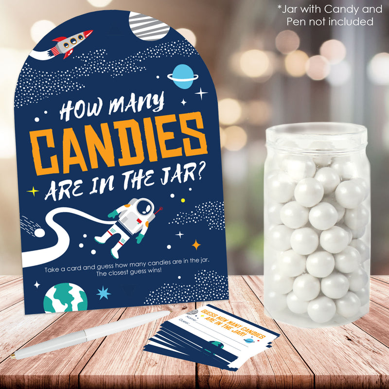 Blast Off to Outer Space - How Many Candies Rocket Ship Baby Shower or Birthday Party Game - 1 Stand and 40 Cards - Candy Guessing Game