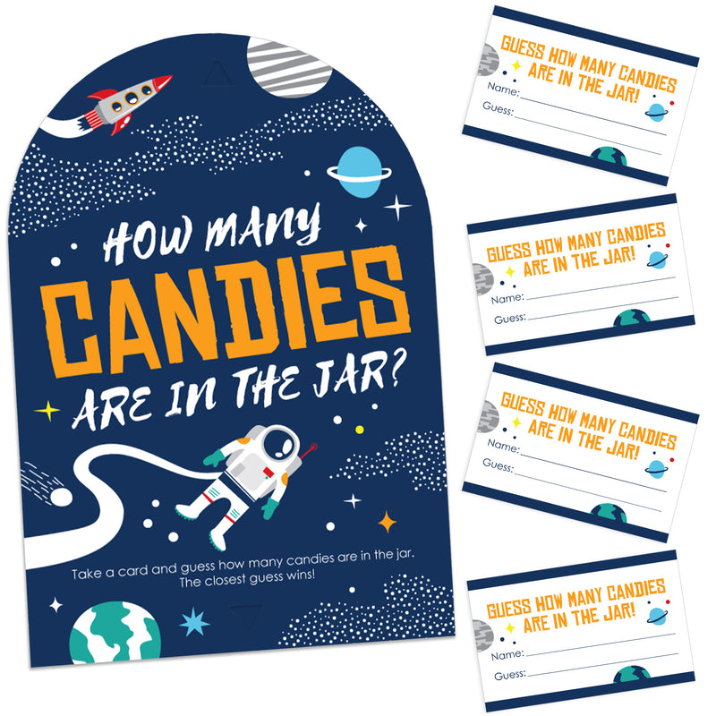 Blast Off to Outer Space - How Many Candies Rocket Ship Baby Shower or Birthday Party Game - 1 Stand and 40 Cards - Candy Guessing Game