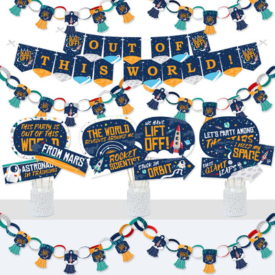 Blast Off to Outer Space - Banner and Photo Booth Decorations - Rocket Ship Baby Shower or Birthday Party Supplies Kit - Doterrific Bundle