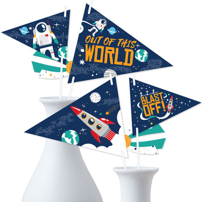 Blast Off to Outer Space - Triangle Rocket Ship Baby Shower or Birthday Party Photo Props - Pennant Flag Centerpieces - Set of 20