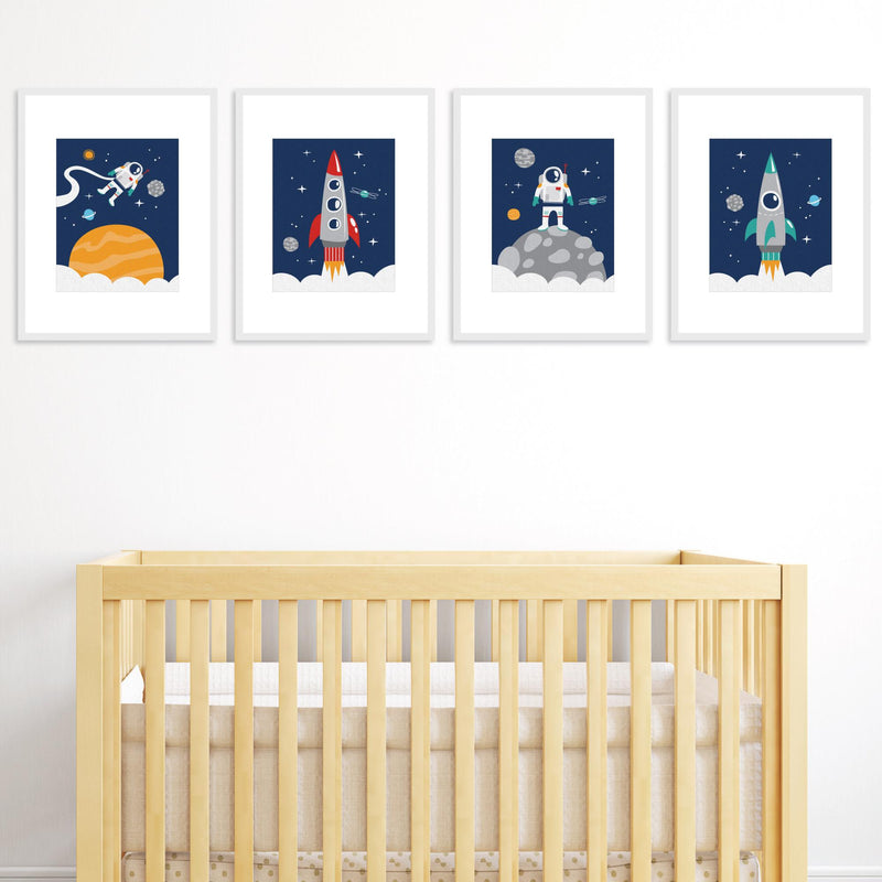 Blast Off to Outer Space - Unframed Rocket Ship Nursery and Kids Room Linen Paper Wall Art - Set of 4 - Artisms - 8 x 10 inches
