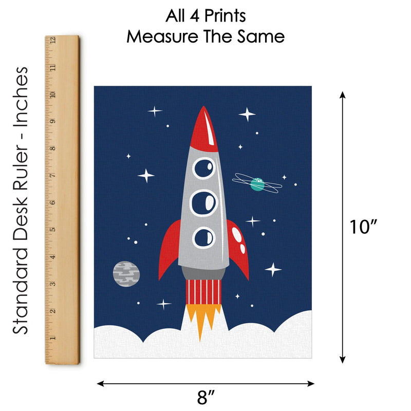 Blast Off to Outer Space - Unframed Rocket Ship Nursery and Kids Room Linen Paper Wall Art - Set of 4 - Artisms - 8 x 10 inches
