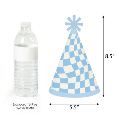 Blue Checkered Party - Cone Happy Birthday Party Hats for Kids and Adults - Set of 8 (Standard Size)