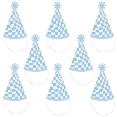 Blue Checkered Party - Cone Happy Birthday Party Hats for Kids and Adults - Set of 8 (Standard Size)