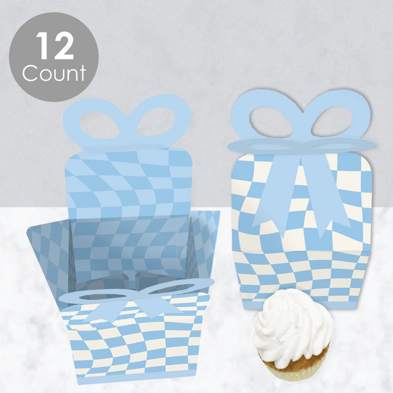 Blue Checkered Party - Square Favor Gift Boxes - Bow Boxes - Set of 12