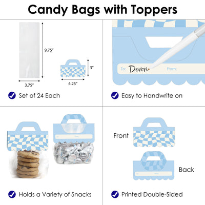 Blue Checkered Party - DIY Clear Goodie Favor Bag Labels - Candy Bags with Toppers - Set of 24