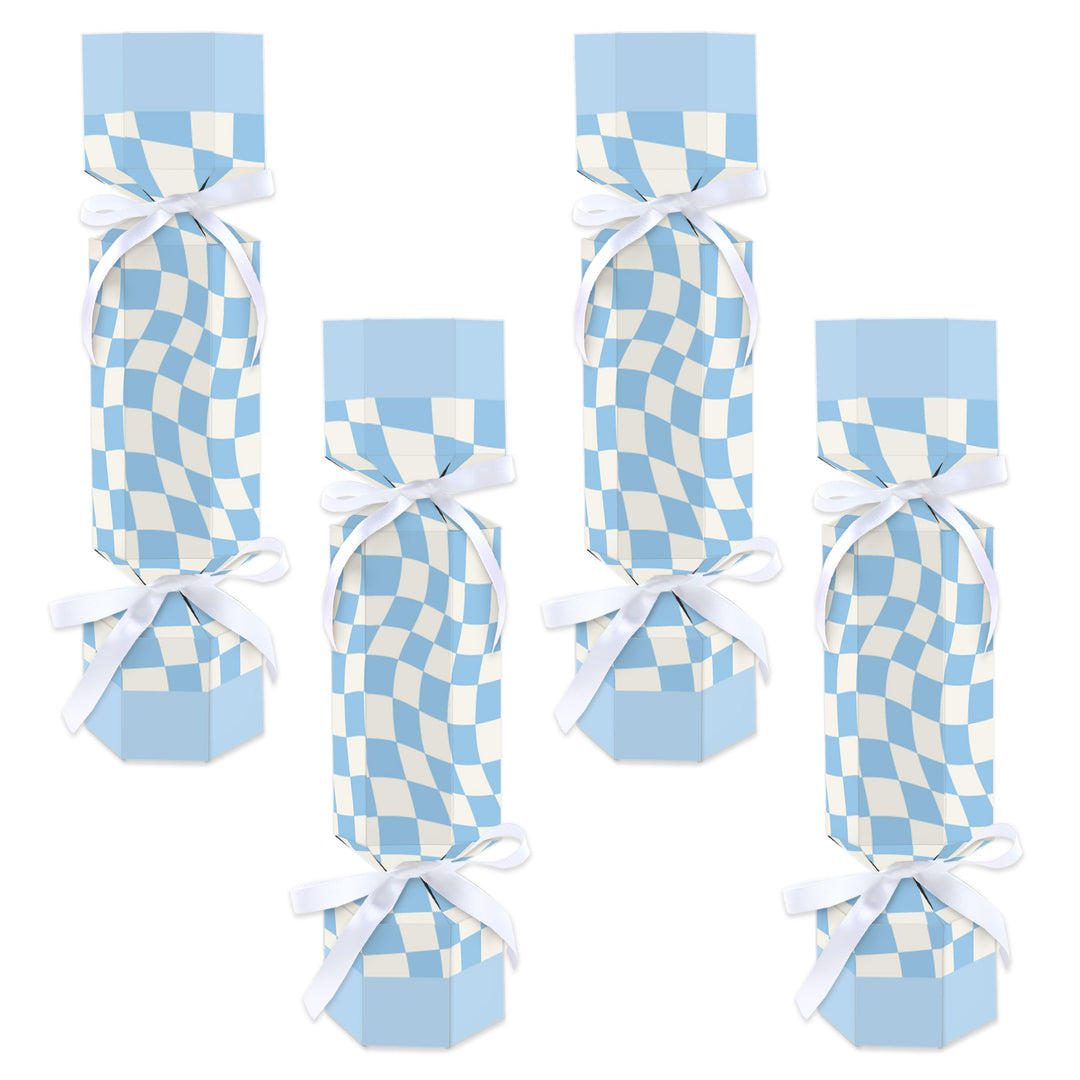 Four blue checkered cracker boxes with white satin ribbons tied around them, displayed against a white background.