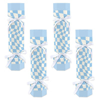 Four blue checkered cracker boxes with white satin ribbons tied around them, displayed against a white background.