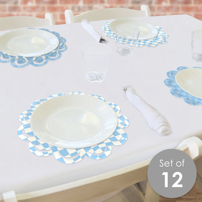 Blue Checkered Party - Round Table Decorations - Paper Chargers - Place Setting For 12