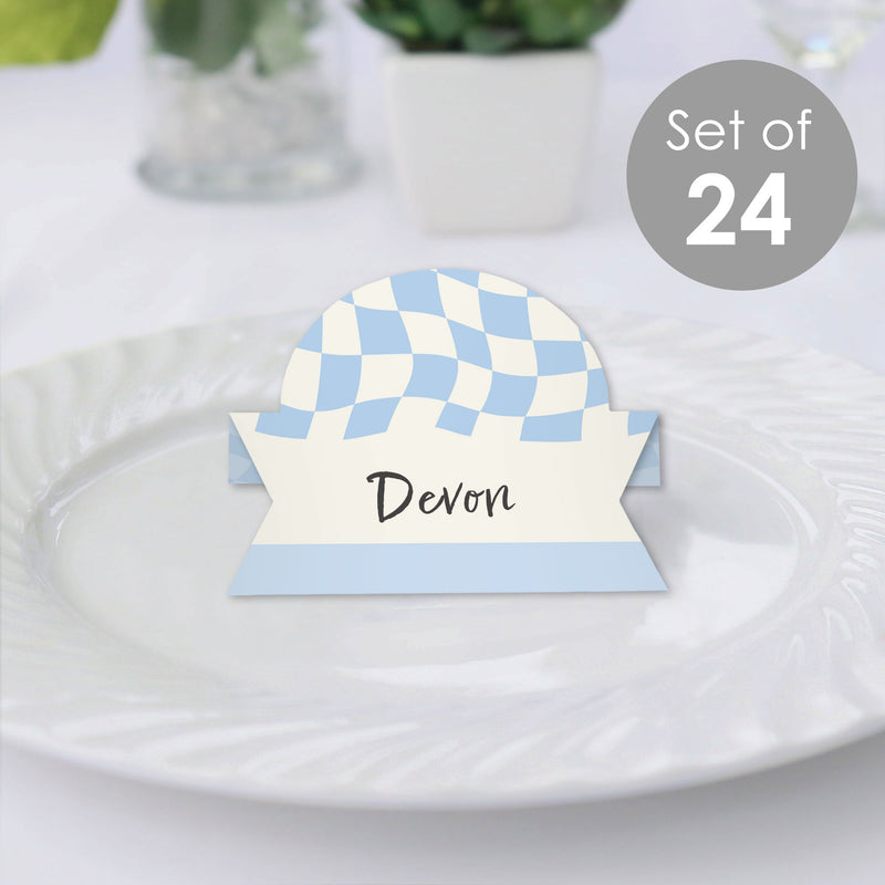 Blue Checkered Party - Tent Buffet Card - Table Setting Name Place Cards - Set of 24