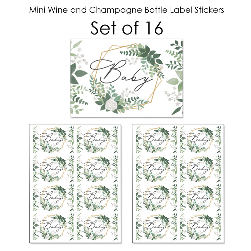 Boho Botanical Baby - Mini Wine and Champagne Bottle Label Stickers - Greenery Baby Shower Favor Gift for Women and Men - Set of 16