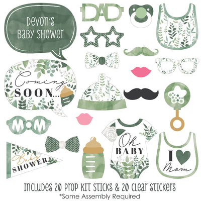 Boho Botanical Baby - Greenery Baby Shower Photo Booth Props Kit - 20 Count