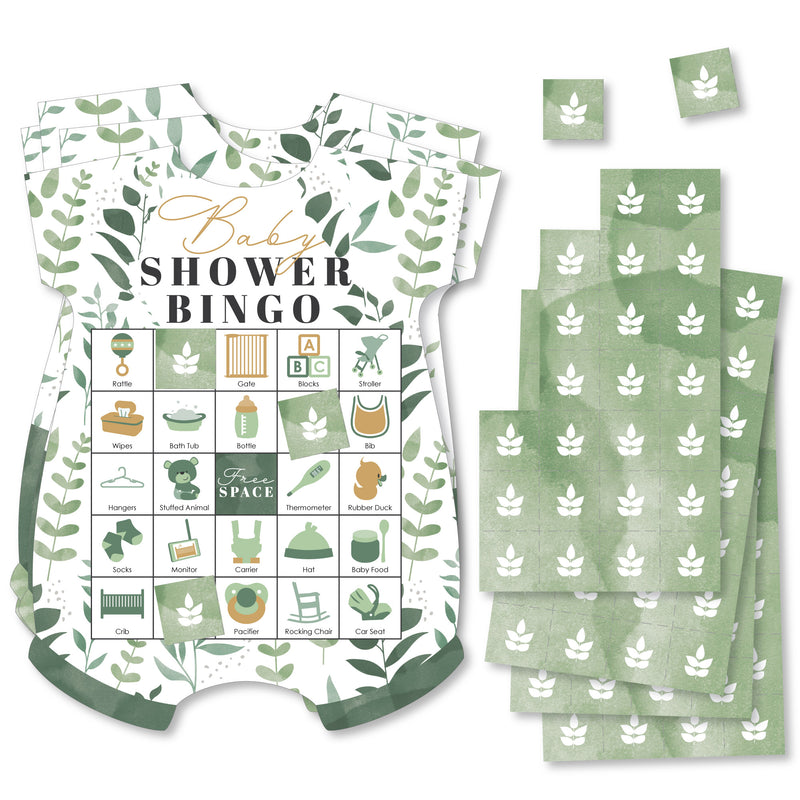 Boho Botanical Baby - Picture Bingo Cards and Markers - Greenery Baby Shower Shaped Bingo Game - Set of 18
