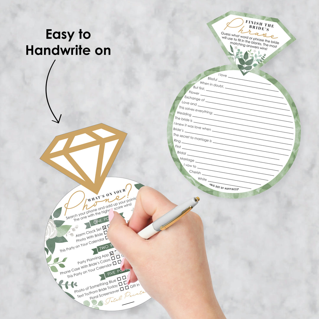 Boho Botanical Bride - 2-in-1 Greenery Bridal Shower and Wedding Party Cards - Activity Duo Games - Set of 20