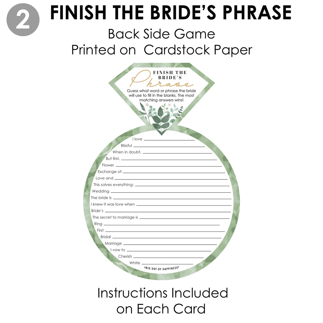Boho Botanical Bride - 2-in-1 Greenery Bridal Shower and Wedding Party Cards - Activity Duo Games - Set of 20