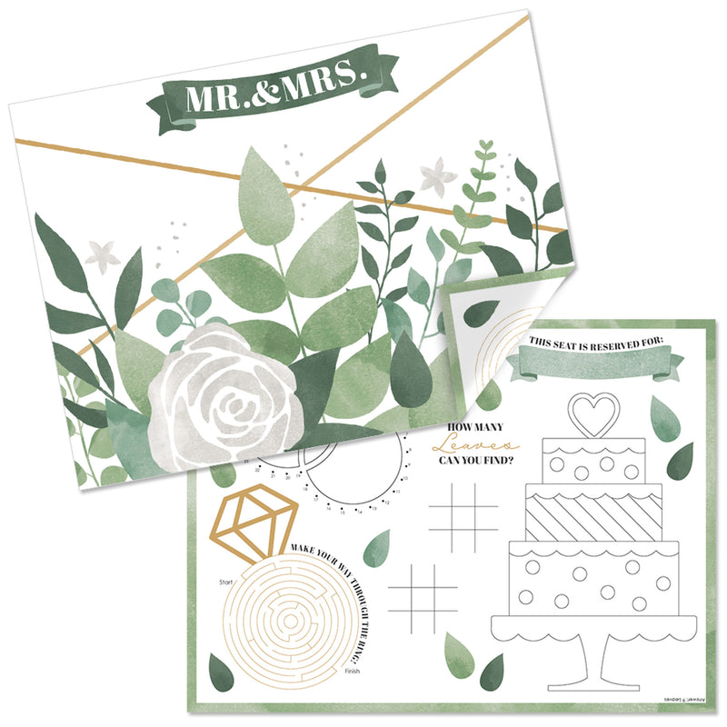 Boho Botanical Bride - Paper Greenery Bridal Shower and Wedding Party Coloring Sheets - Activity Placemats - Set of 16