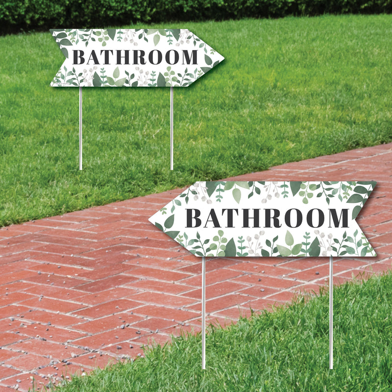 Boho Botanical Wedding Bathroom Signs - Greenery Wedding Sign Arrow - Double Sided Directional Yard Signs - Set of 2 Bathroom Signs