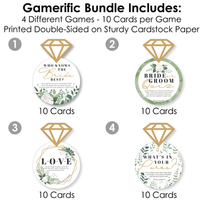 Boho Botanical Bride - 4 Greenery Bridal Shower Games - 10 Cards Each - Who Knows The Bride Best, Bride or Groom Quiz, What's in Your Purse and Love - Gamerific Bundle