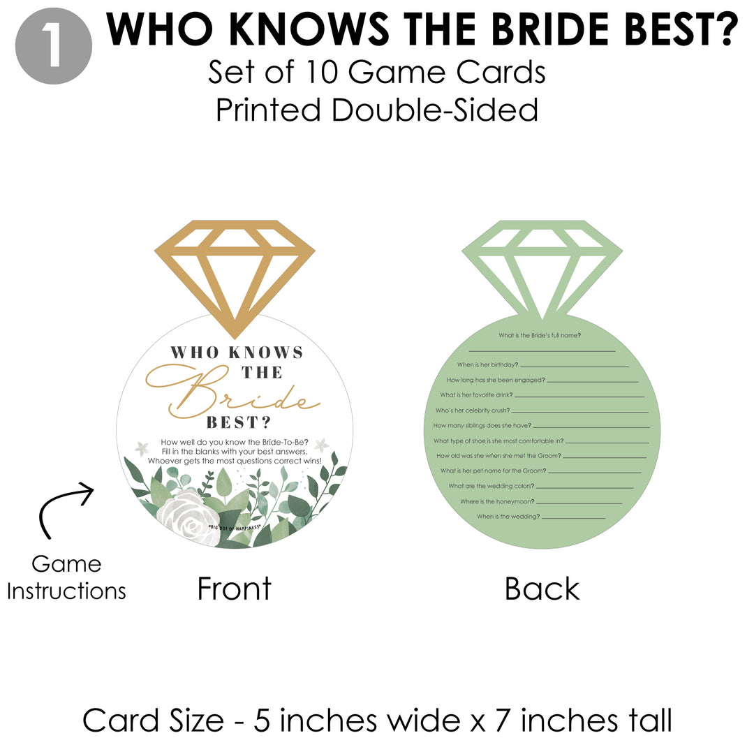 Boho Botanical Bride - 4 Greenery Bridal Shower Games - 10 Cards Each - Who Knows The Bride Best, Bride or Groom Quiz, What's in Your Purse and Love - Gamerific Bundle