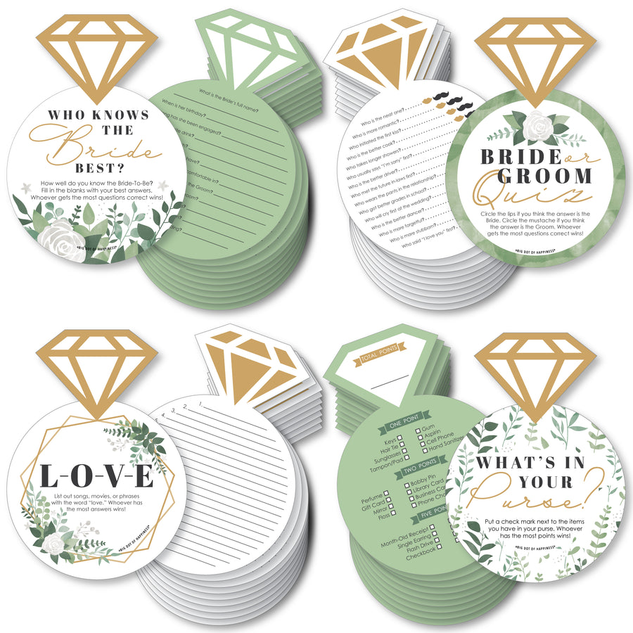 Four sets of bridal shower game cards in green color with botanical and diamond motif, including games 'Who Knows The Bride Best', 'Bride or Groom Quiz', 'What's in Your Purse', and 'Love'.