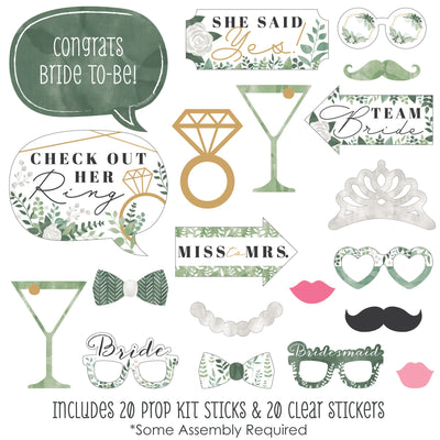 Boho Botanical Bride - Greenery Bridal Shower and Wedding Party Photo Booth Props Kit - 20 Count