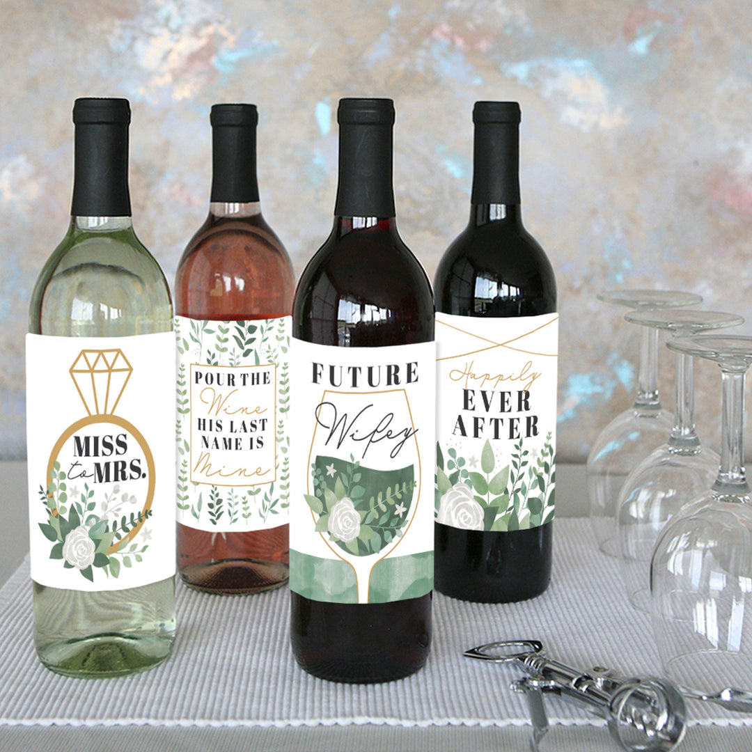 Boho Botanical Bride - Greenery Bridal Shower and Wedding Party Decorations for Women and Men - Wine Bottle Label Stickers - Set of 4
