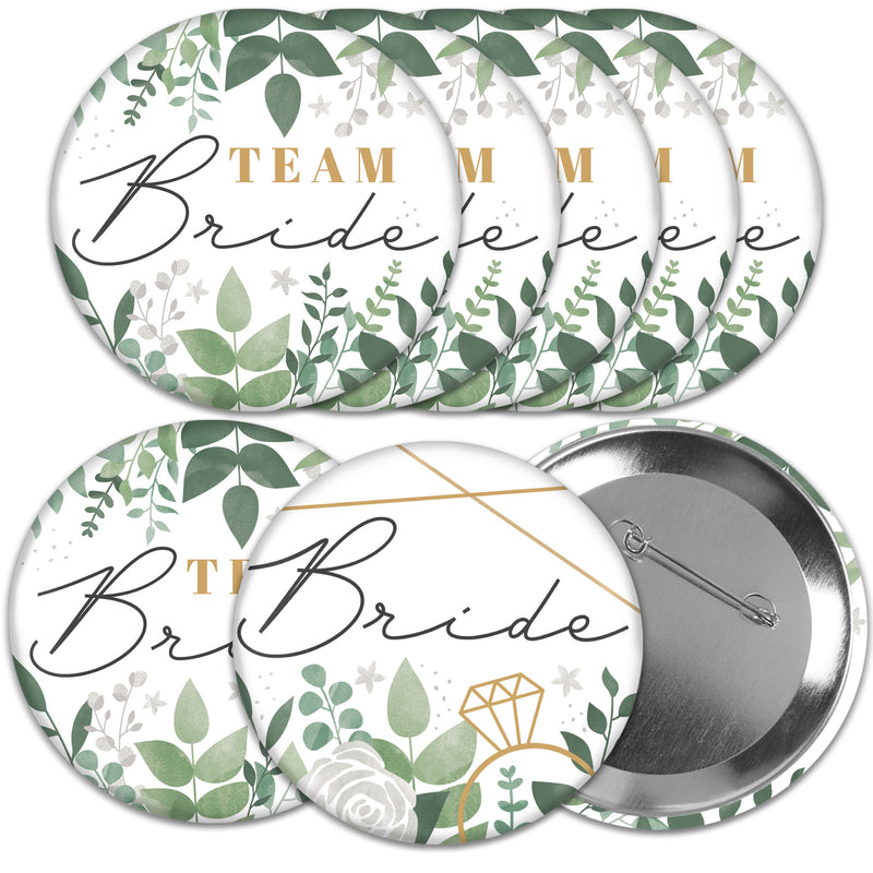 Boho Botanical Bride - 3 inch Greenery Bridal Shower and Wedding Party Badge - Pinback Buttons - Set of 8