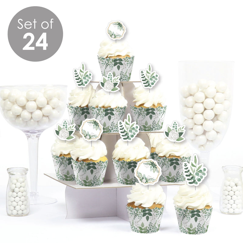 Boho Botanical - Cupcake Decoration - Greenery Party Cupcake Wrappers and Treat Picks Kit - Set of 24