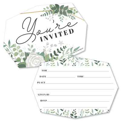 Boho Botanical - Shaped Fill-In Invitations - Greenery Party Invitation Cards with Envelopes - Set of 12