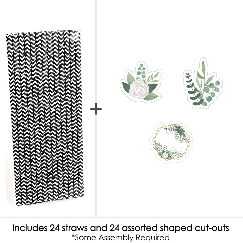 Boho Botanical - Paper Straw Decor - Greenery Party Striped Decorative Straws - Set of 24