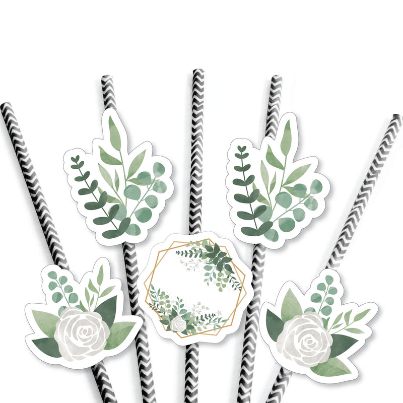 Boho Botanical - Paper Straw Decor - Greenery Party Striped Decorative Straws - Set of 24