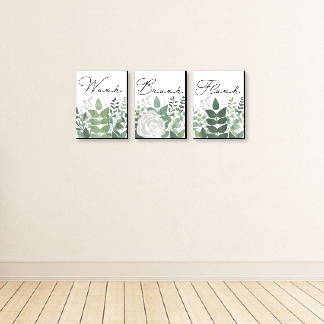 Boho Botanical - Greenery Kids Bathroom Rules Wall Art - 7.5 x 10 inches - Set of 3 Signs - Wash, Brush, Flush