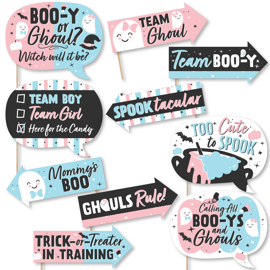 Funny Boo-y or Ghoul - Halloween Gender Reveal Party Photo Booth Props Kit - 10 Piece