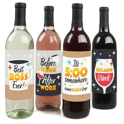 Happy Boss's Day - Best Boss Ever Decorations for Women and Men - Wine Bottle Label Stickers - Set of 4