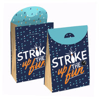 Two blue party favor bags with 'STRIKE UP THE FUN' text and bowling ball imagery, designed to be assembled.