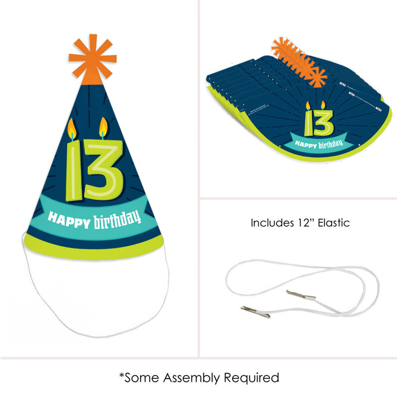 Boy 13th Birthday - Cone Happy Birthday Party Hats for Kids and Adults - Set of 8 (Standard Size)