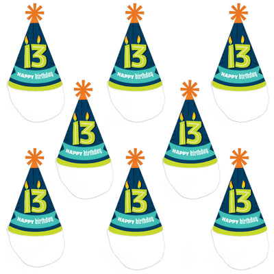 Boy 13th Birthday - Cone Happy Birthday Party Hats for Kids and Adults - Set of 8 (Standard Size)