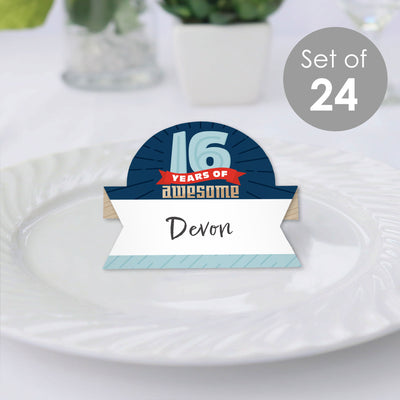 Boy 16th Birthday - Sweet Sixteen Birthday Party Tent Buffet Card - Table Setting Name Place Cards - Set of 24