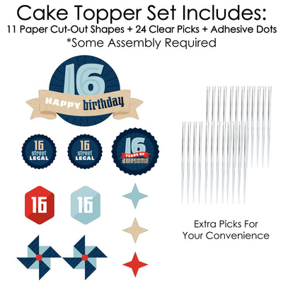 Boy 16th Birthday - Sweet Sixteen Birthday Party Cake Decorating Kit - Happy Birthday Cake Topper Set - 11 Pieces
